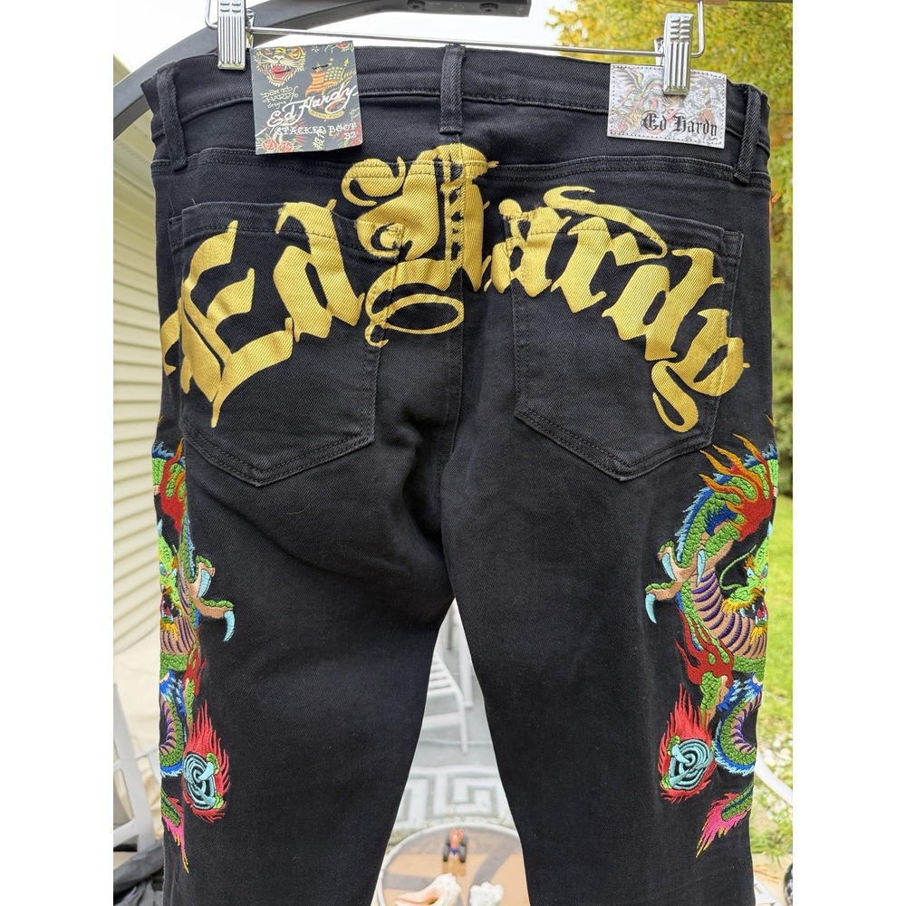 Ed Hardy Dragon Stacked Boot Jeans Mens 32 Black Embroidered NWT.     5282